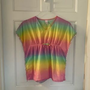Shimmery Rainbow, Pom Pom trimmed Caftan Style Swim Cover-up